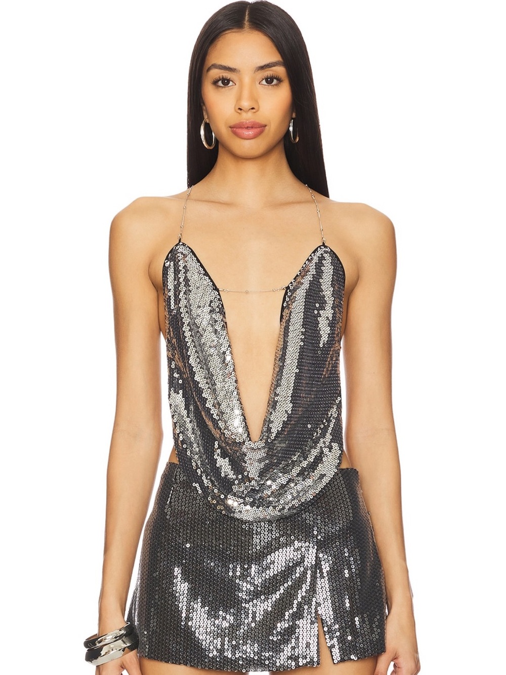Jaded London Silver Sequin Strapless Drape Top